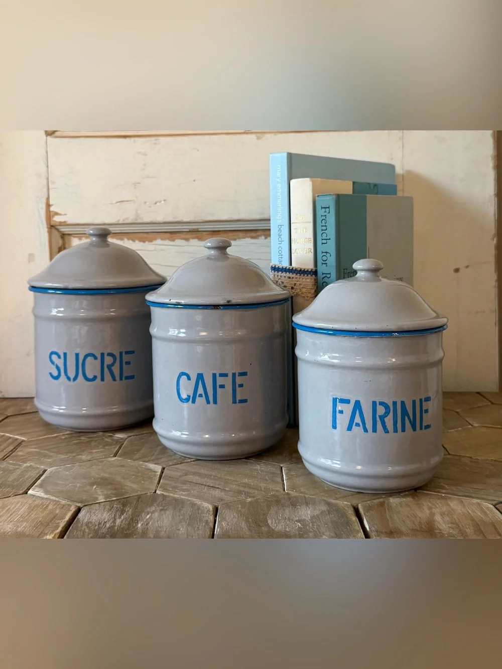 Vintage French Enamel Canisters;Sucre, Cafe & Farine,SET/3, Blue/Gray, Provence
